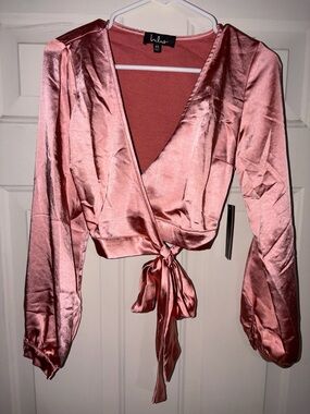 Lulu's Rose Pink Satin Tie-Front Wrap Blouse